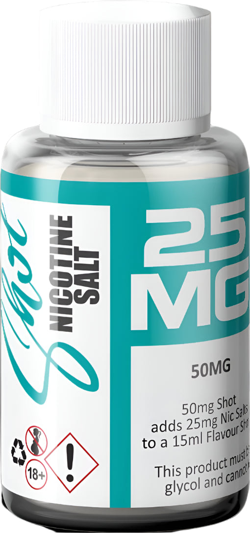 Bottle of nicotine salt solution with label indicating 25 mg strength.