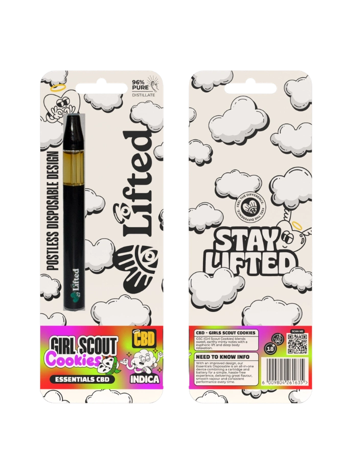 Lifted Clouds Delta 9 Girl Scout Cookies 1ml cannabis vape cartridge with clear branding and detailed label visible.