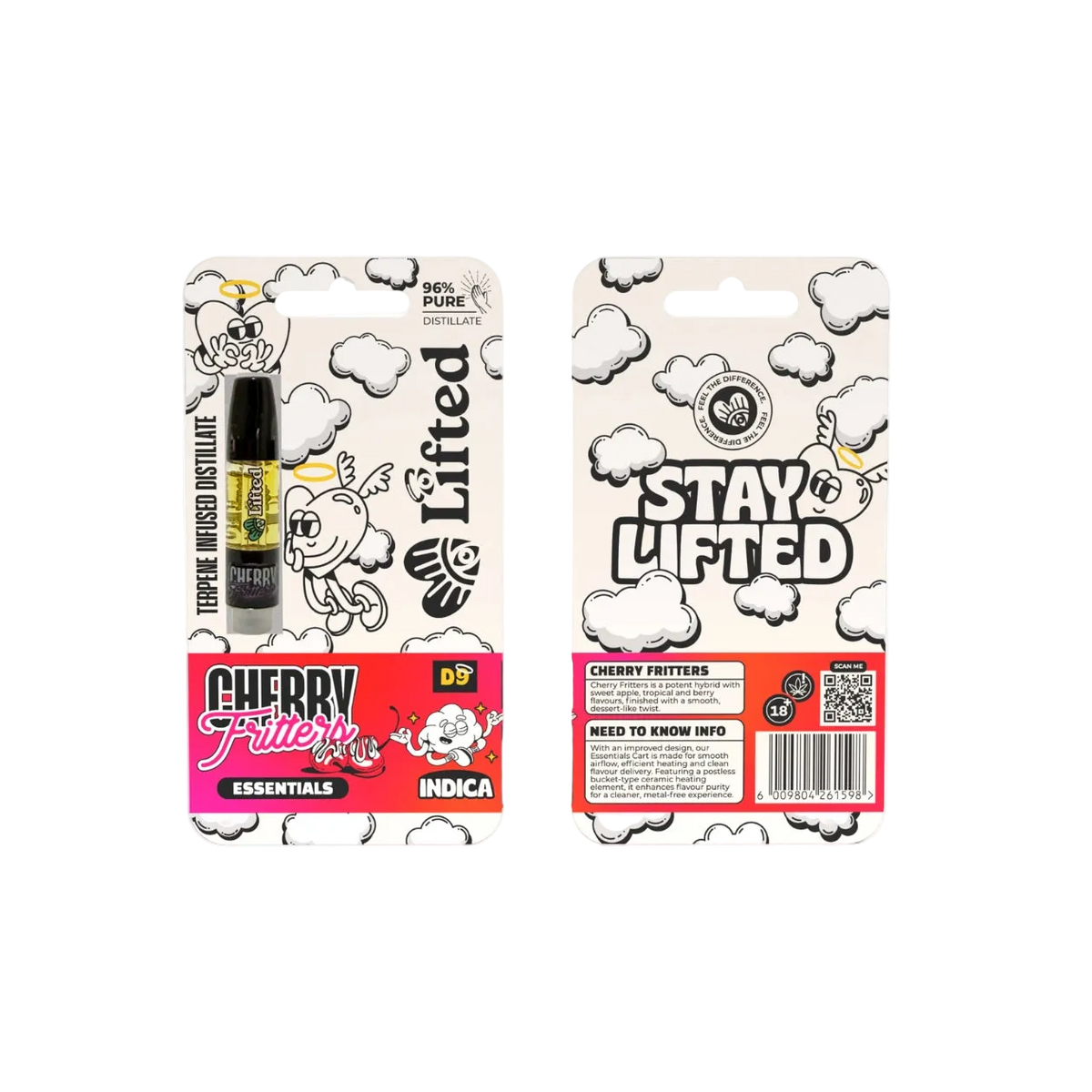Lifted Clouds Cherry Fritters Vape Cart 1ml, featuring a sleek black vape cartridge with a transparent chamber showing the e-liquid.