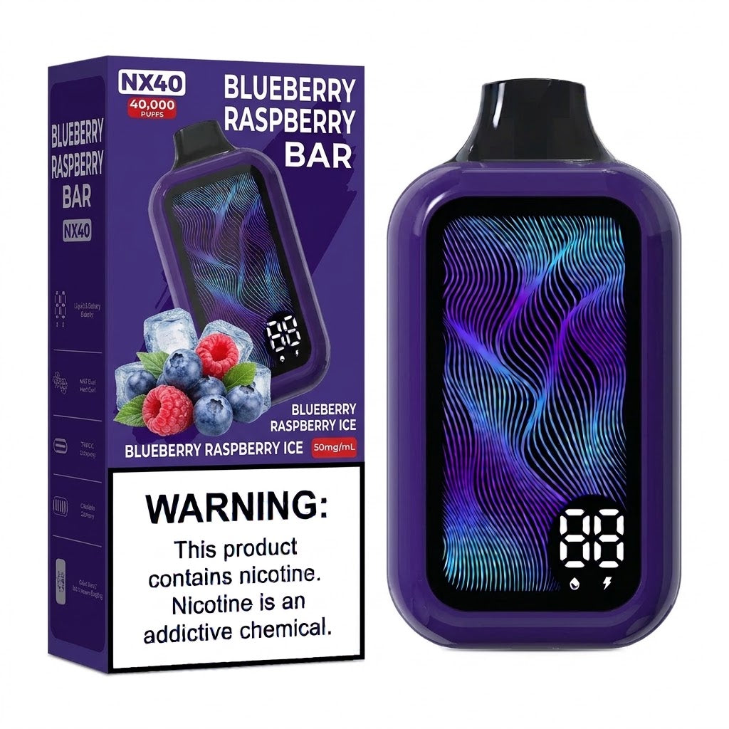 NOX Bar 40,000 Puff vape device in blue and raspberry flavor, featuring colorful design and sleek shape from Flavour World SA.