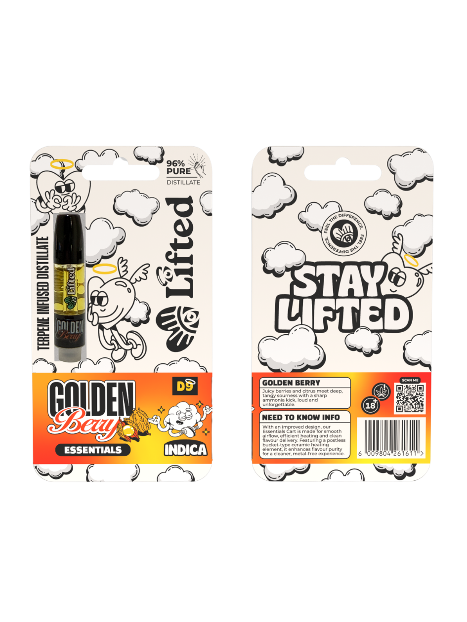 Lifted Clouds Golden Berry vape cartridge, 1ml, showing the clear cartridge filled with golden berry flavored vape liquid.