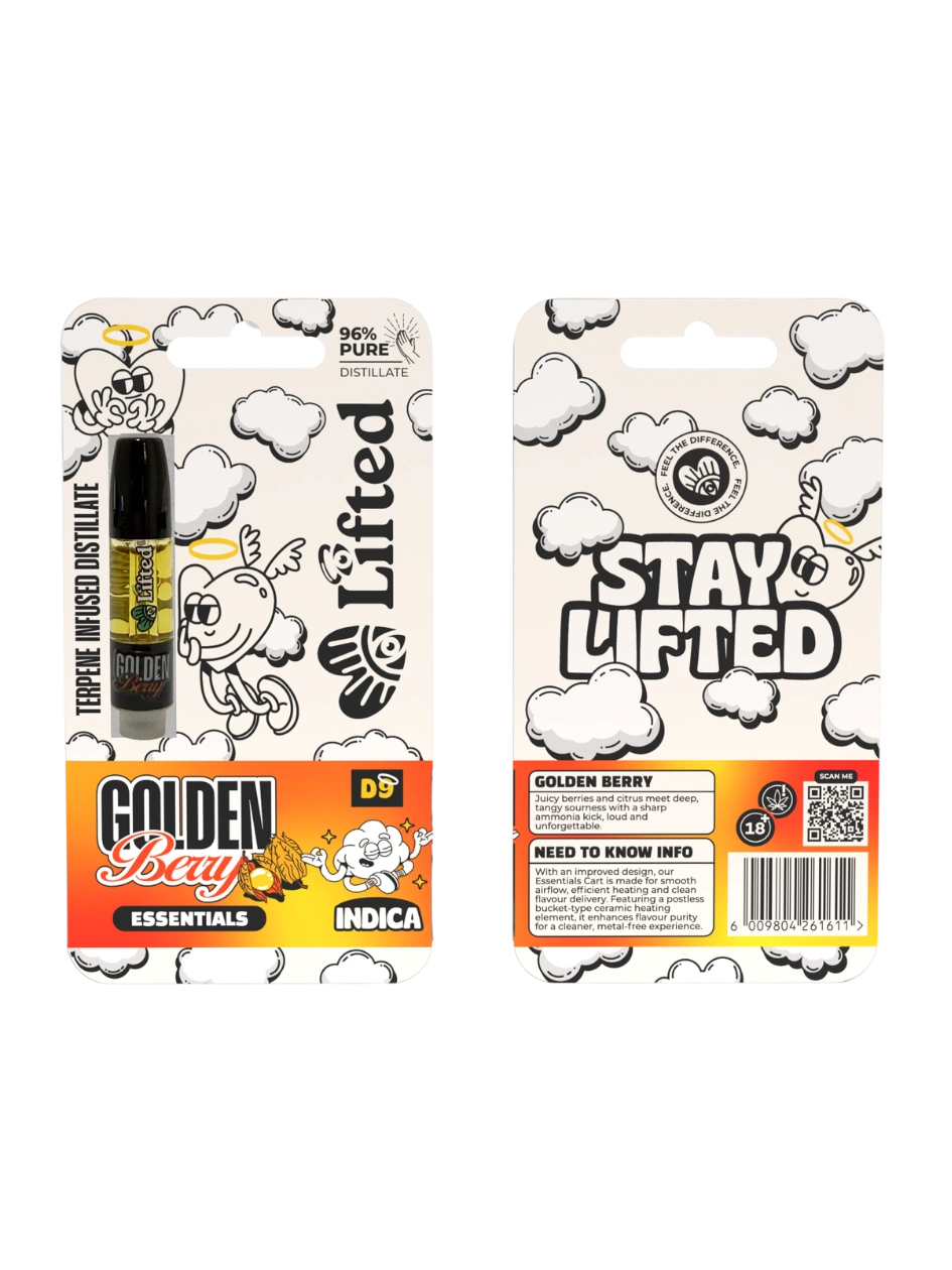 Lifted Clouds Golden Berry vape cartridge, 1ml, showing the clear cartridge filled with golden berry flavored vape liquid.