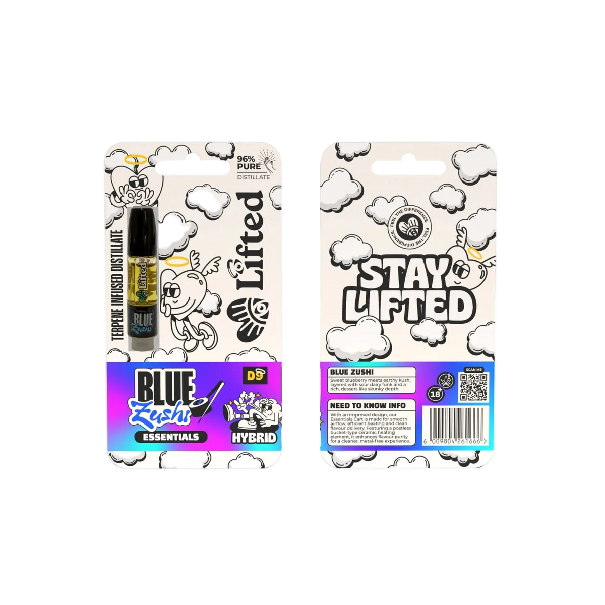 Lifted Clouds Blue Zushi Vape Cart, 1ml, featuring sleek design and clear branding, showcasing the vape cartridge on a white background.