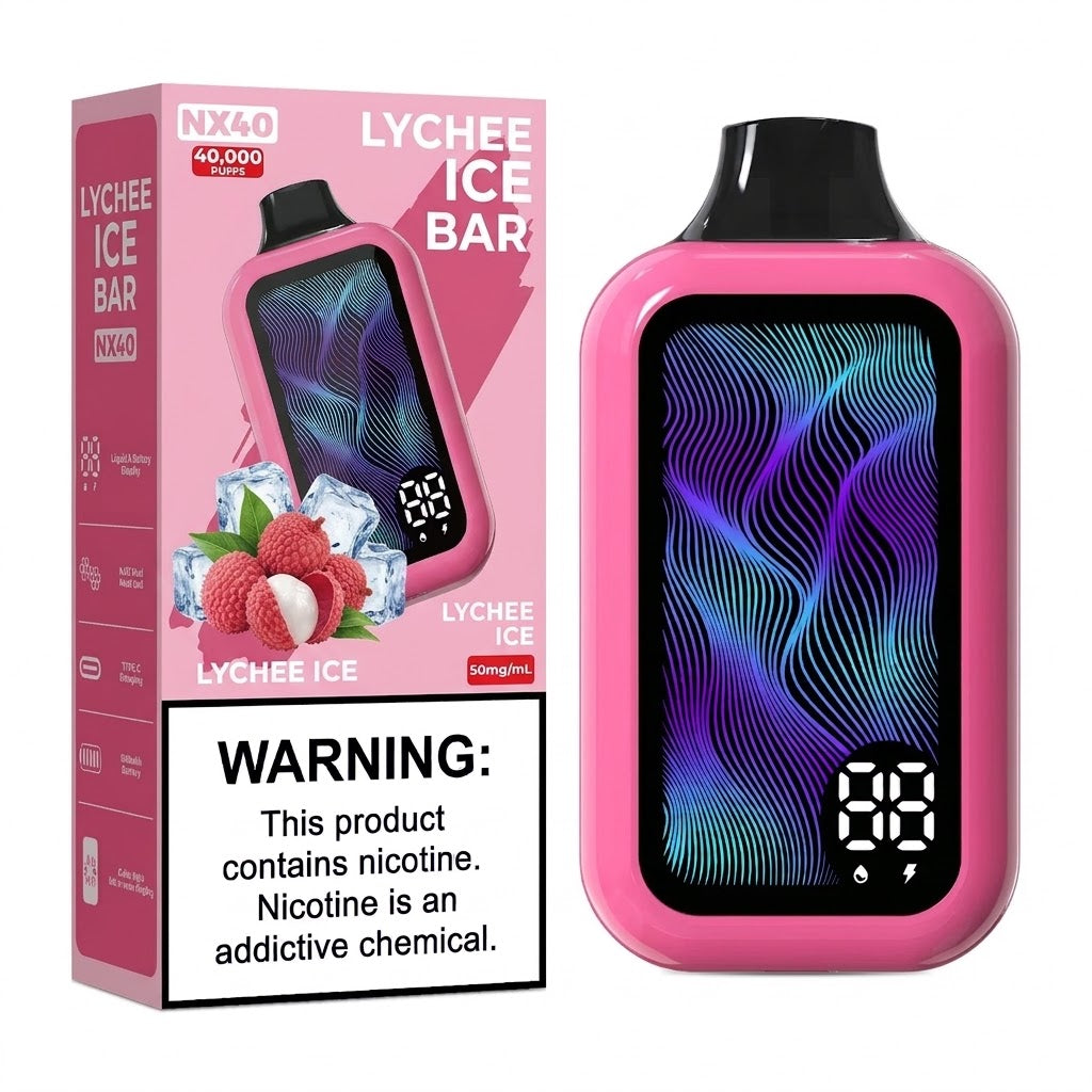Nox Bar 40,000 Puff disposable vape with Lychee Ice flavor, featuring sleek design and colorful branding from Flavour World SA.