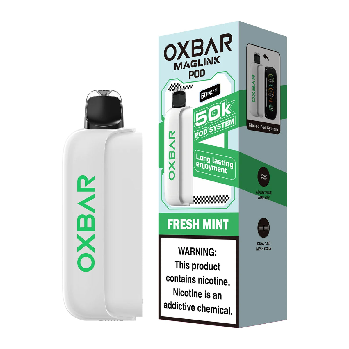 Oxbar Maglink 50K Fresh Mint 50mg pod, no battery, shown in sleek mint packaging