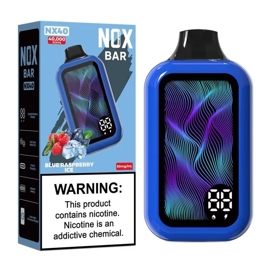 Nox Bar 40,000 Puff NOX BAR in Blueberry Raspberry Ice flavor, featuring sleek packaging with vibrant blue and red accents.