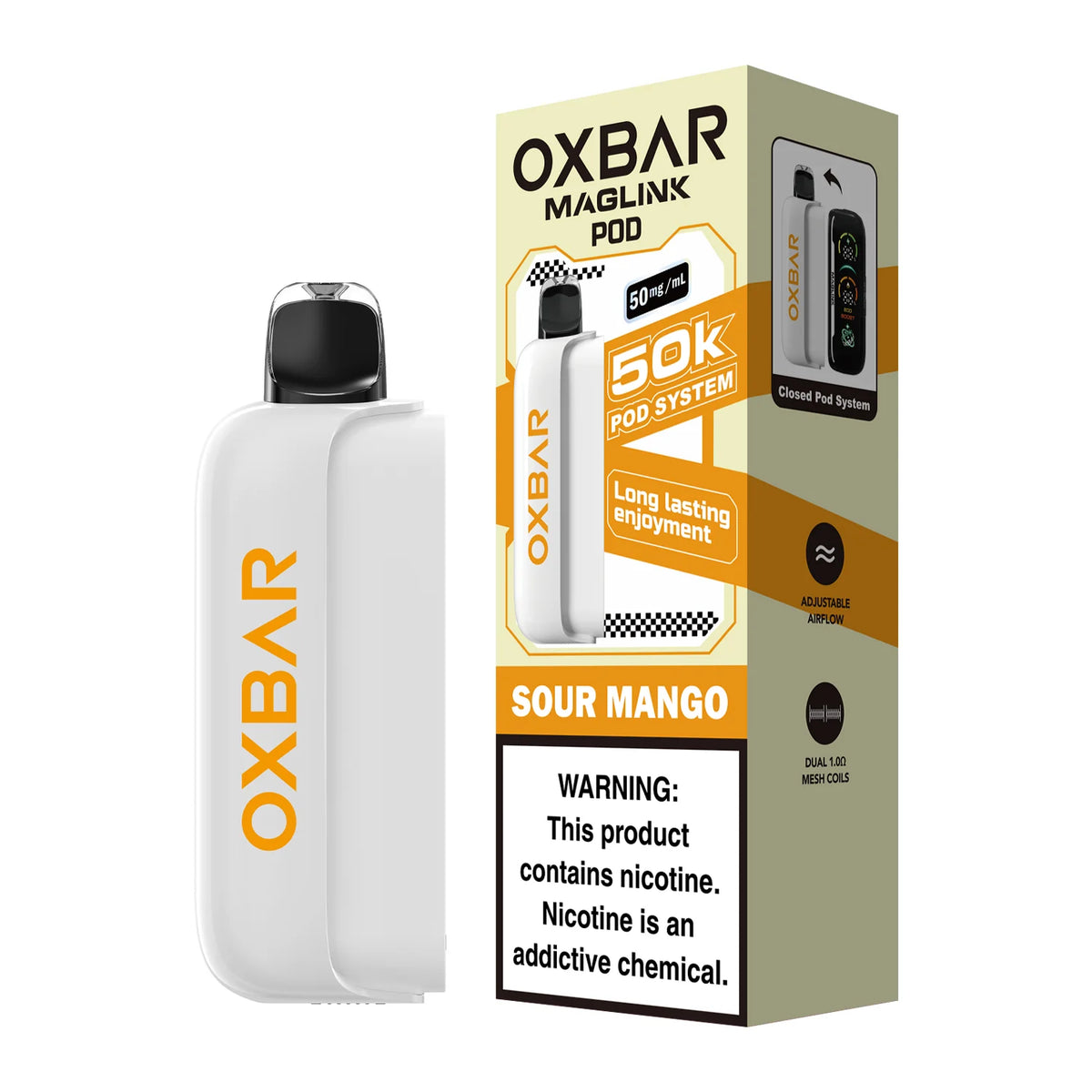 Oxbar Maglink 50K Sour Mango 50mg pod, no battery, shown in product packaging