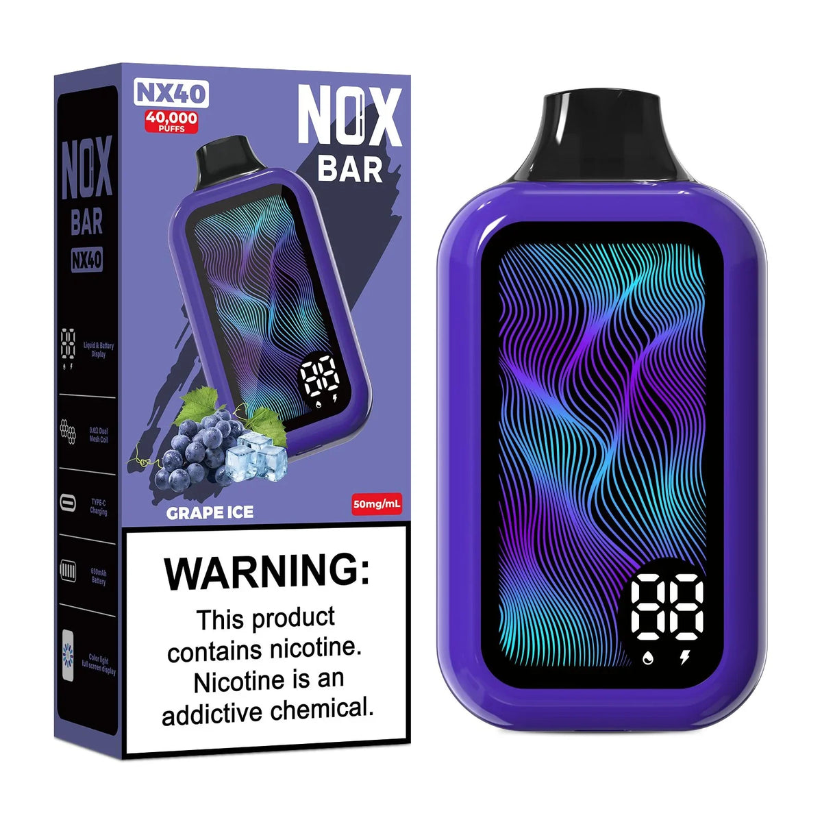 Nox Bar 40,000 Puff Grape Ice flavored vape device by Flavour World SA, showing the sleek black and purple design.