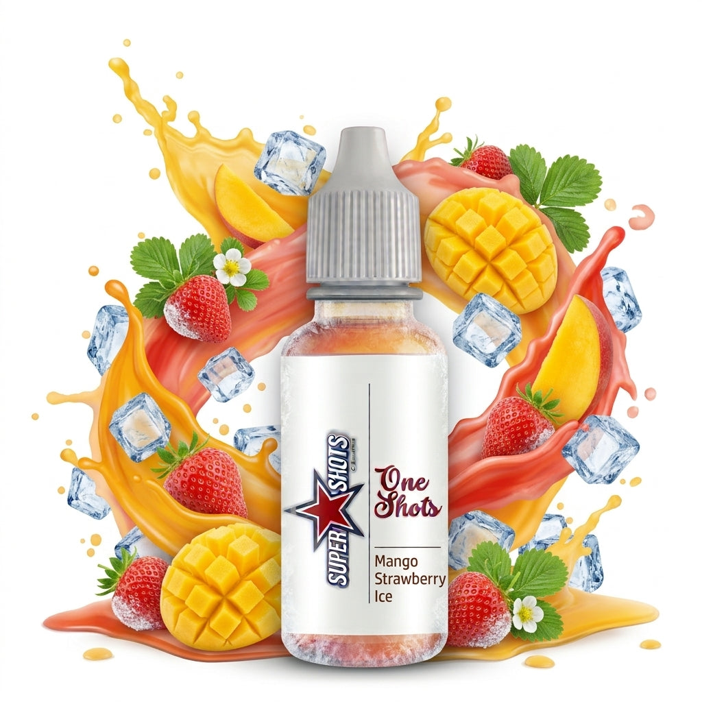 Mango and strawberry ice flavor e-liquid by One Shot in a clear bottle with colorful label, ready for vaping.