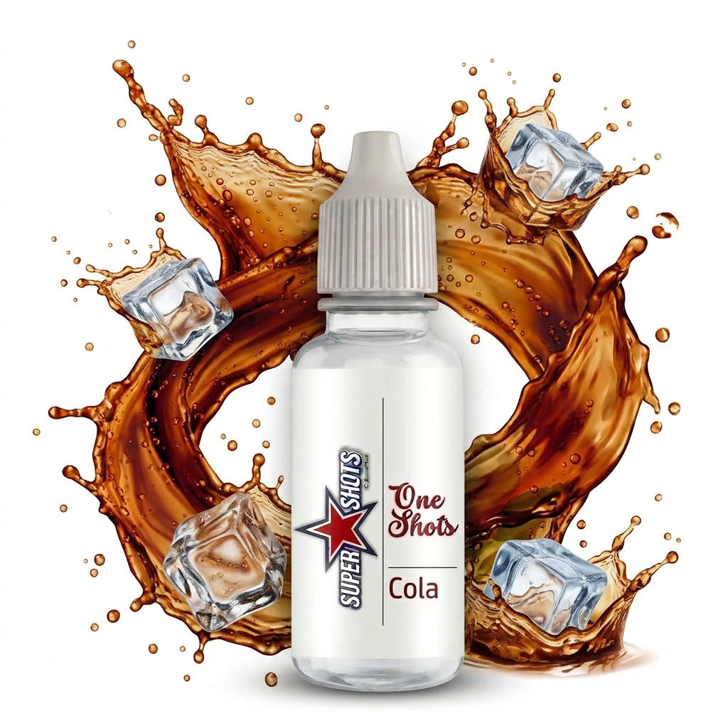 Bottle of One Shot (SS) Cola flavored e-liquid, featuring a sleek design with cola branding and vibrant label details.