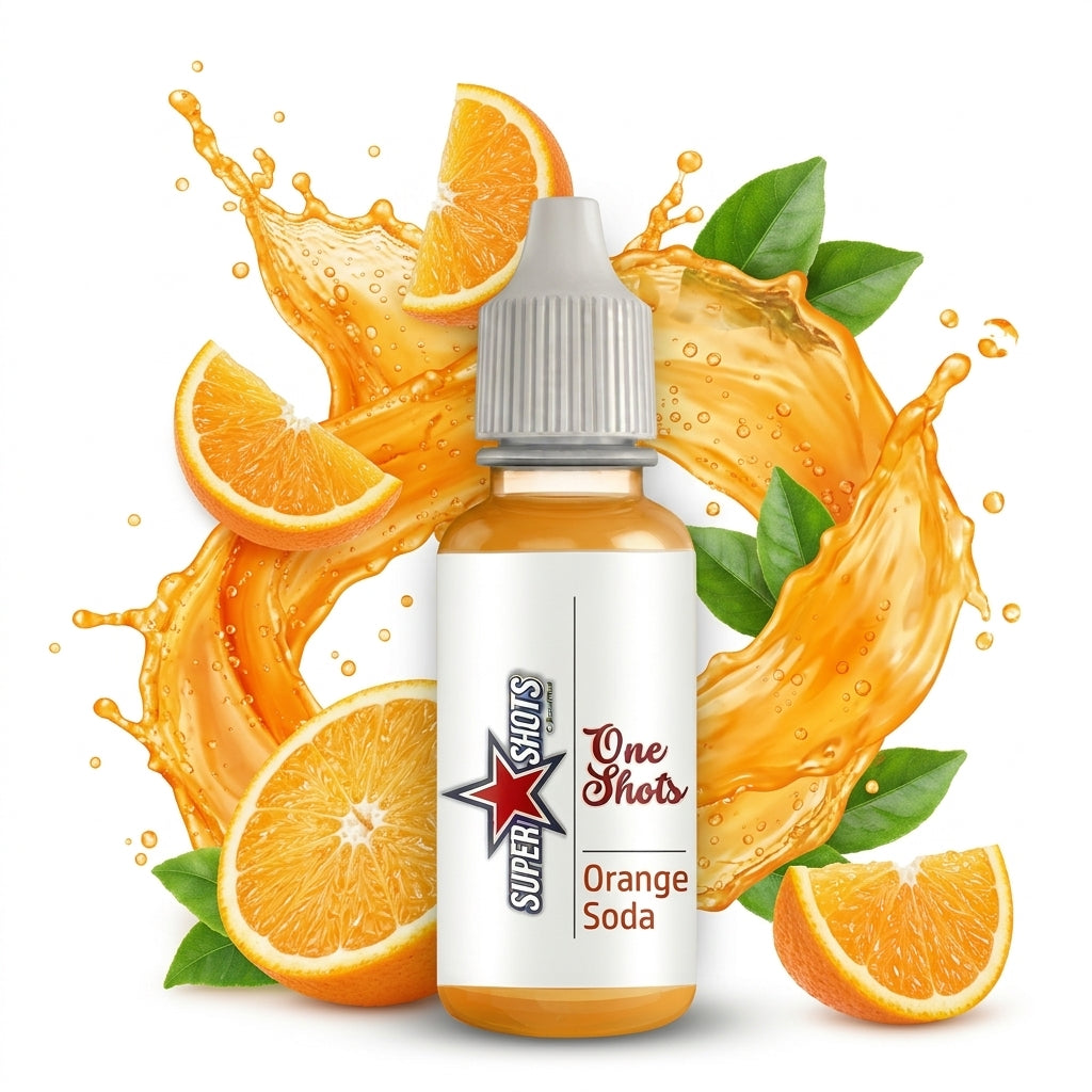 Bright orange soda shot glass from Super Shot One Shots featuring vibrant orange liquid and a clear glass container.