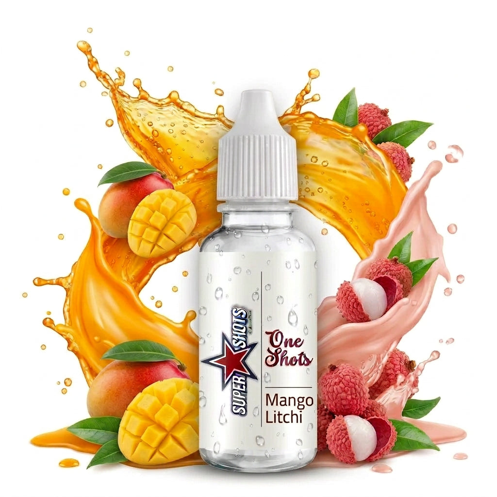 Single shot of Mango Litchi Ice by One Shot, featuring a colorful cocktail glass with a mango and litchi garnish.