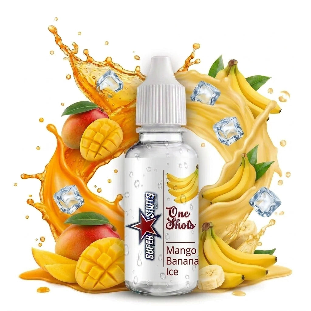 Image of One Shot Mango Banana ICE One Shot e-liquid bottle with vibrant mango and banana flavor graphics on the label.
