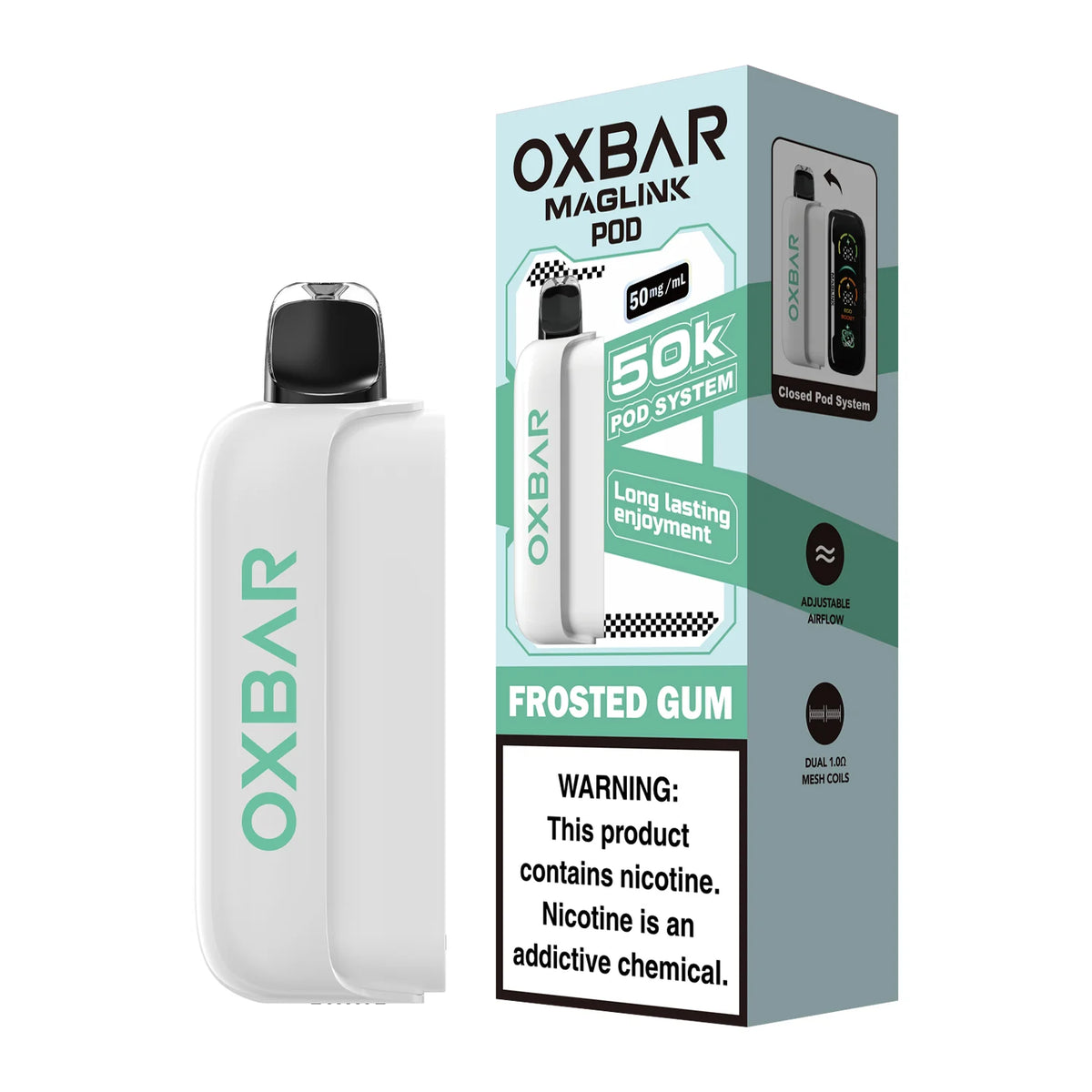 Oxbar Maglink 50K Frosted Gum 50mg pod, no battery, frosted finish close-up