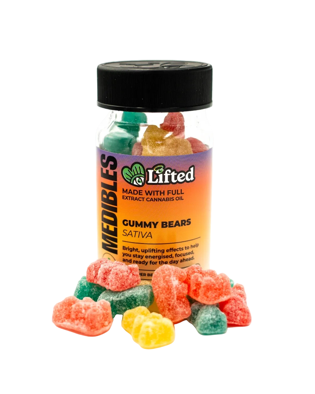 Colorful sugar-coated gummy bears from Lifted Clouds, Sativa-infused edible gummies for a tasty cannabis experience.