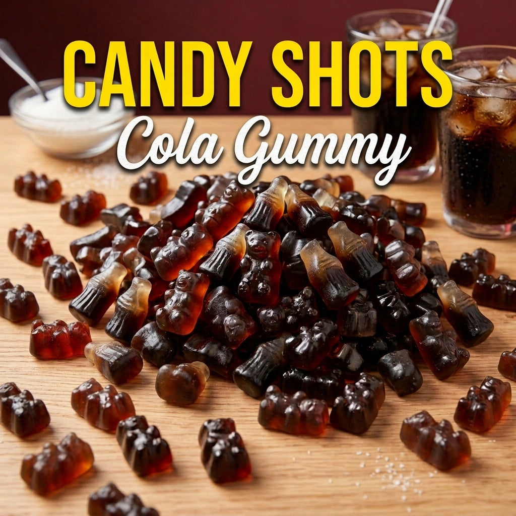 Cola gummy candies from Flavour World SA, shaped like small raspberries with a glossy, chewy texture perfect for snacking.