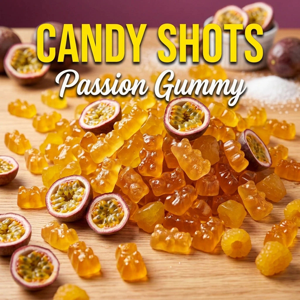 Passion gummy candies with raspberry flavor from Flavour World SA, shown in a colorful close-up image.