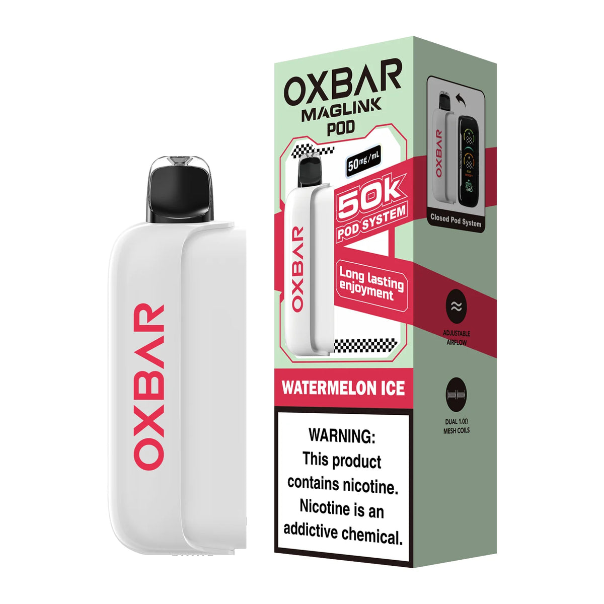 Oxbar Maglink 50K Watermelon Ice 50mg pod, no battery, shown in product packaging