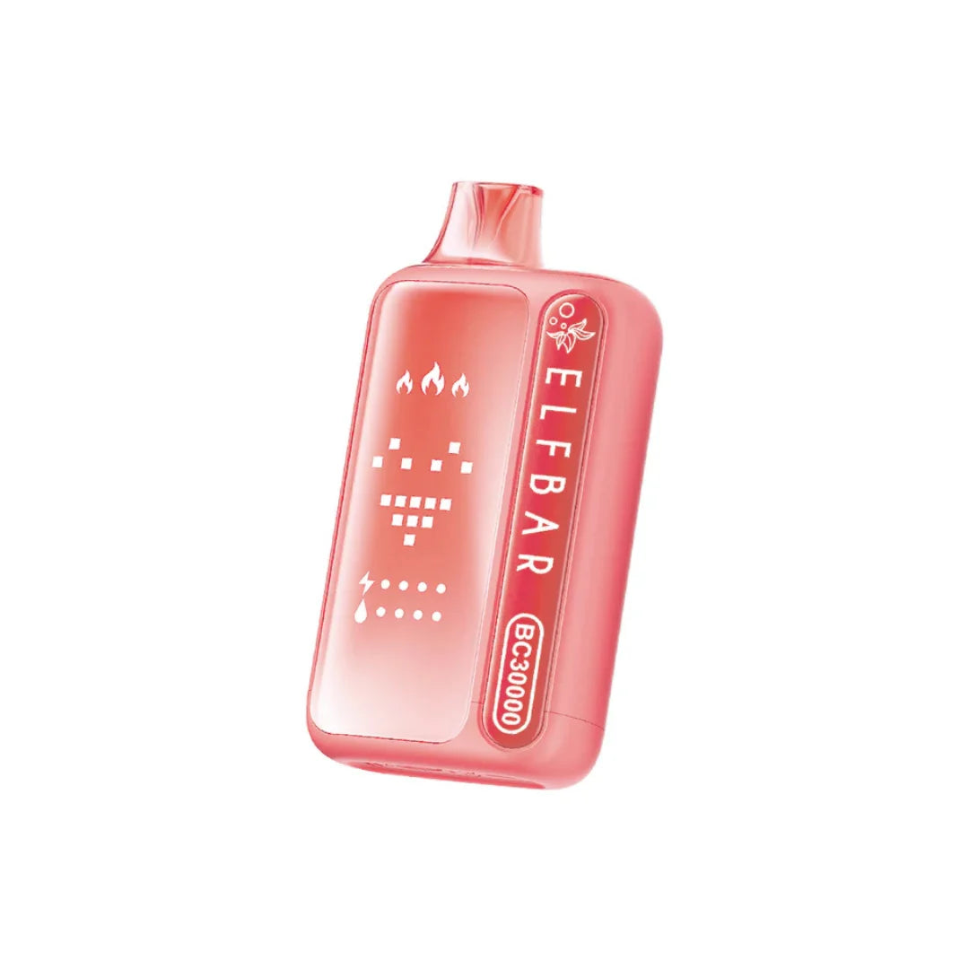 Elf Bar BC30000 vape device in red raspberry strawberry flavor with 5% nicotine, featuring a sleek design.