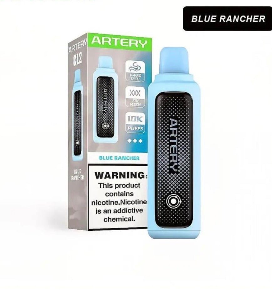 Blue Rancher Artery CL2 10000 5% vaping device with sleek design and colorful accents, designed for smooth vaping experience.