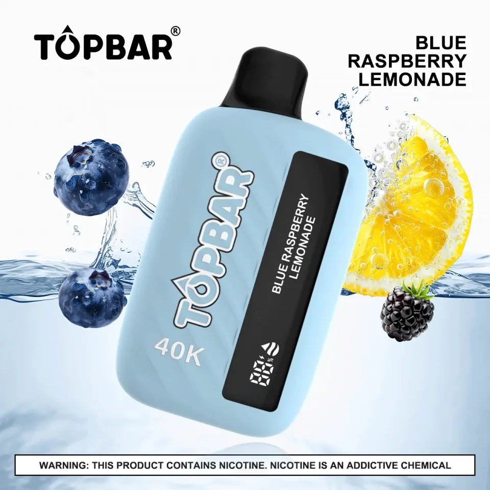 TOPBAR 40K Blue Raspberry Lemonade flavored vape juice bottle with blue and red branding and label design.