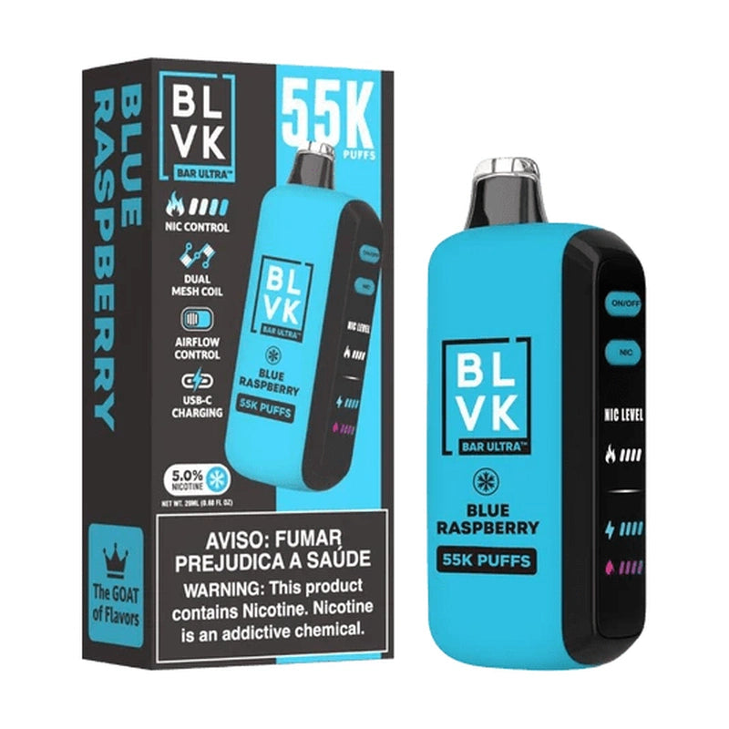 BLVK 55K Blue Raspberry vape juice bottle with vibrant blue raspberry design and clear label showing flavor and branding.