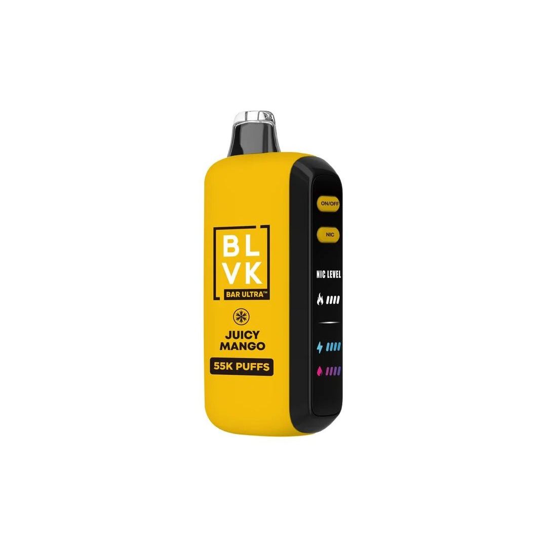 BLVK 55K Juicy Mango disposable vape device with colorful mango-themed design and sleek cylindrical shape.