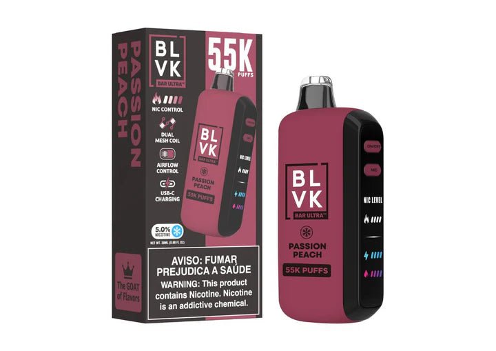 BLVK 55K Passion Peach Vape 5% e-liquid bottle with peach flavor and sleek packaging design.