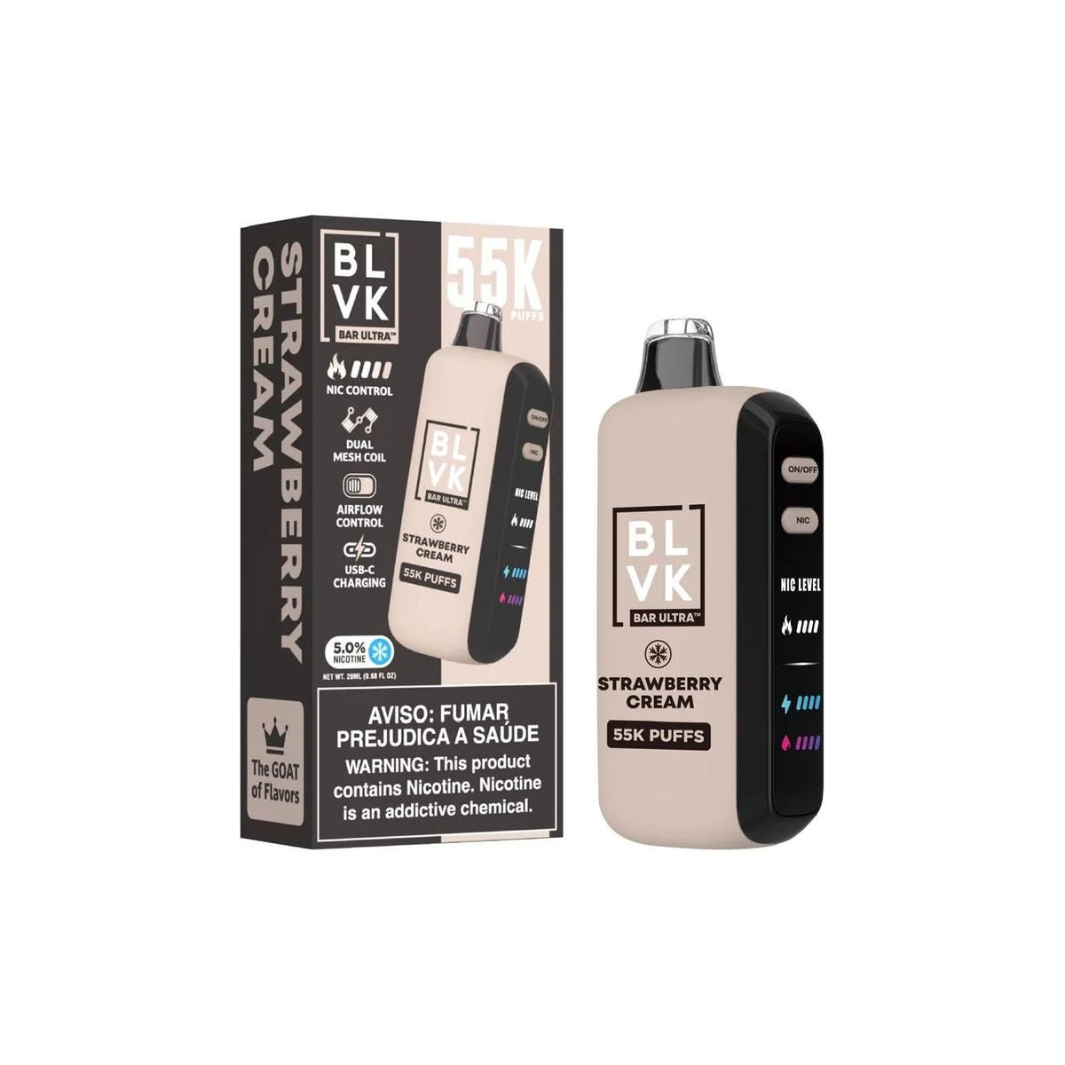 BLVK 55K Strawberry Cream vape juice bottle with pink and white label and fresh strawberry illustration.