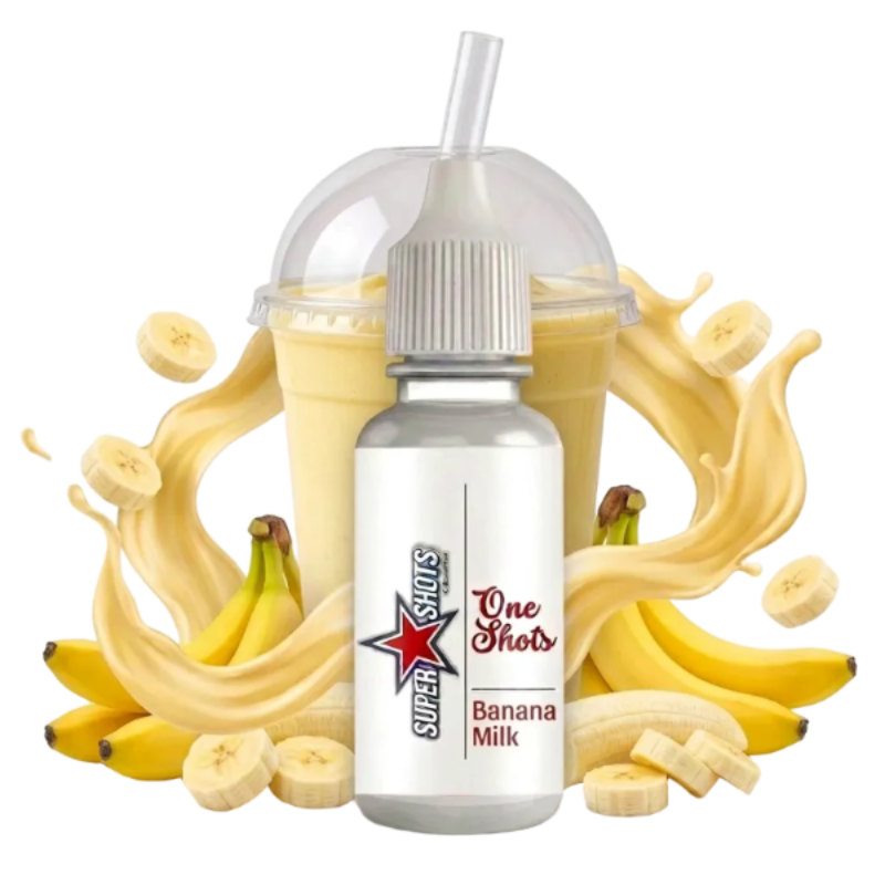 Banana Milk One Shot by One Shot, featuring a vibrant image with banana and milk flavors, displayed in a sleek bottle.