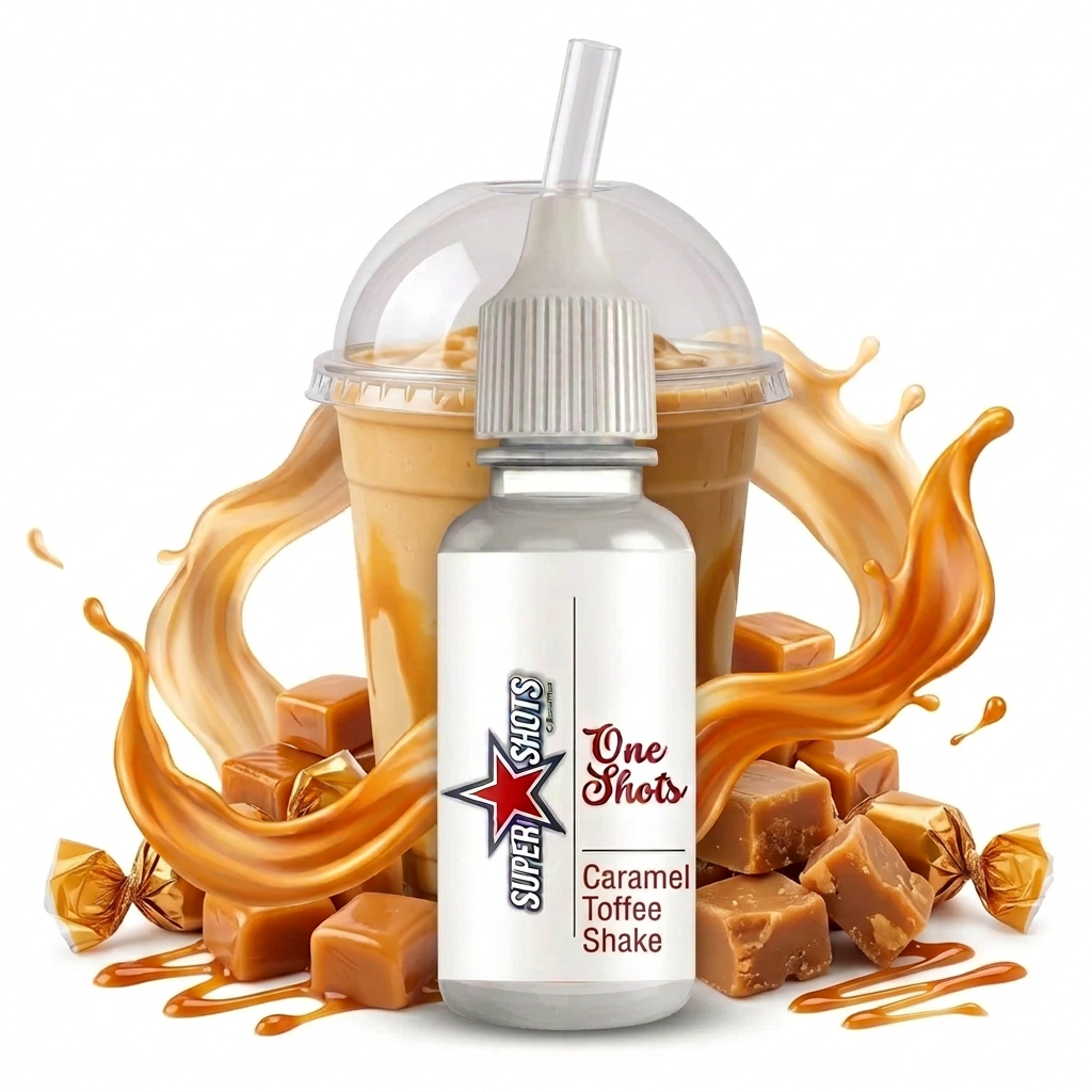 One Shot Caramel Toffee Shake flavor in a bottle, showing the product label with caramel toffee imagery.