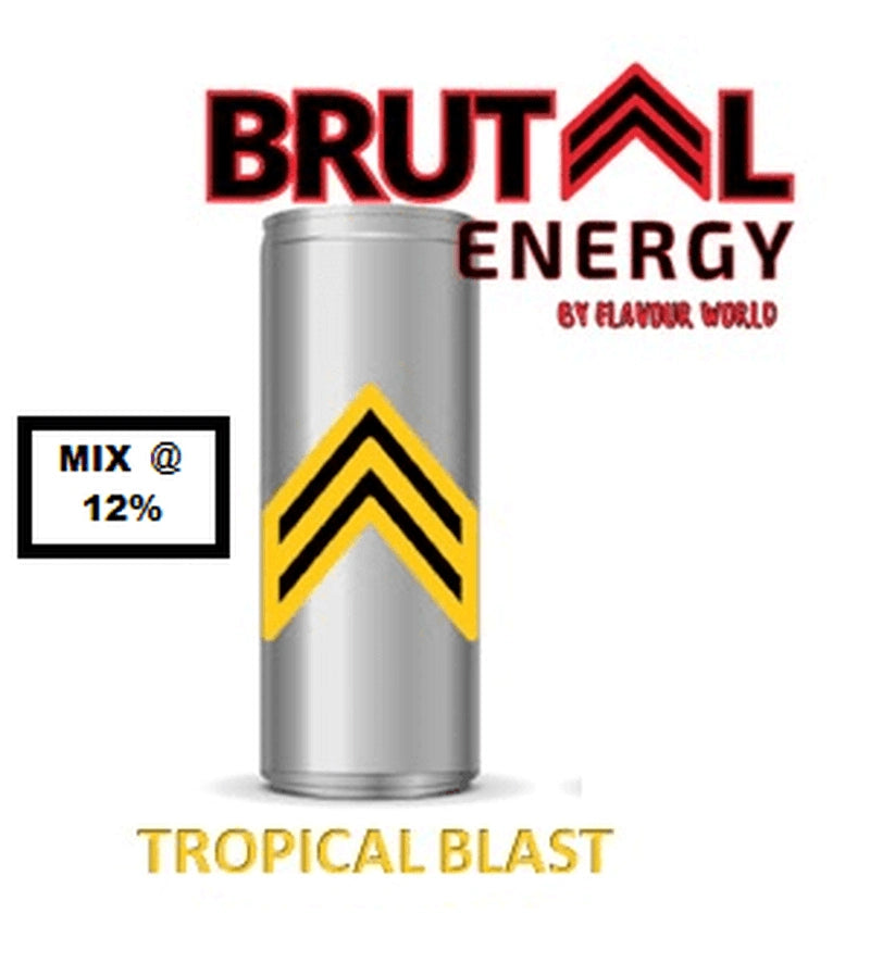Brutal Energy Tropical Blast One Shot energy drink shot with vibrant tropical fruit flavor and colorful packaging.
