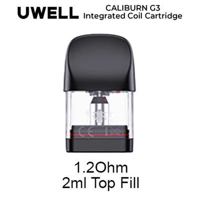 Uwell Caliburn G3 replacement pod with matte black mouthpiece, clear tank, and red accent ring labeled 1.2 Ohm