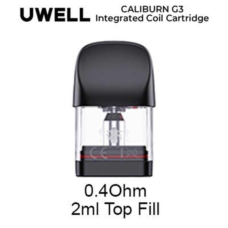 Uwell Caliburn G3 0.4 Ohm cartridge with solid black top cover, clear container, and red detail line on black base