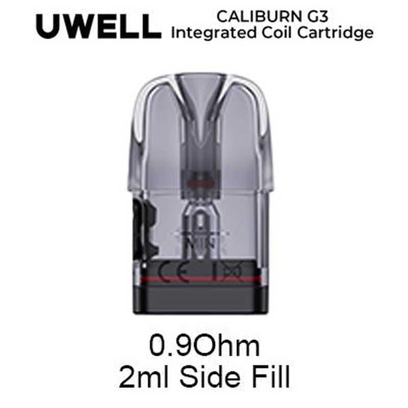 Uwell Caliburn G3 0.9 Ohm MTL side-fill pod with semi-transparent grey housing and visible mesh coil structure