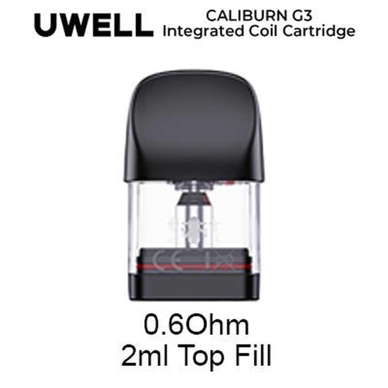 Uwell Caliburn G3 0.6 Ohm RDL pod featuring opaque black cap, transparent reservoir, and red base stripe