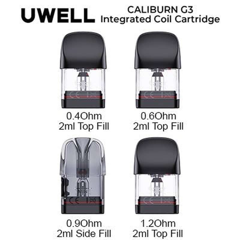 Comparison of Uwell Caliburn G3 cartridges showing 0.4, 0.6, 0.9, and 1.2 Ohm resistance options for top and side fill