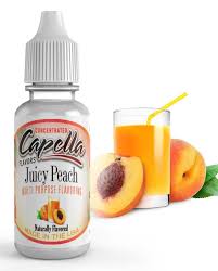 Capella Juicy Peach flavor concentrate in a small bottle, featuring a label with peach imagery and branding.