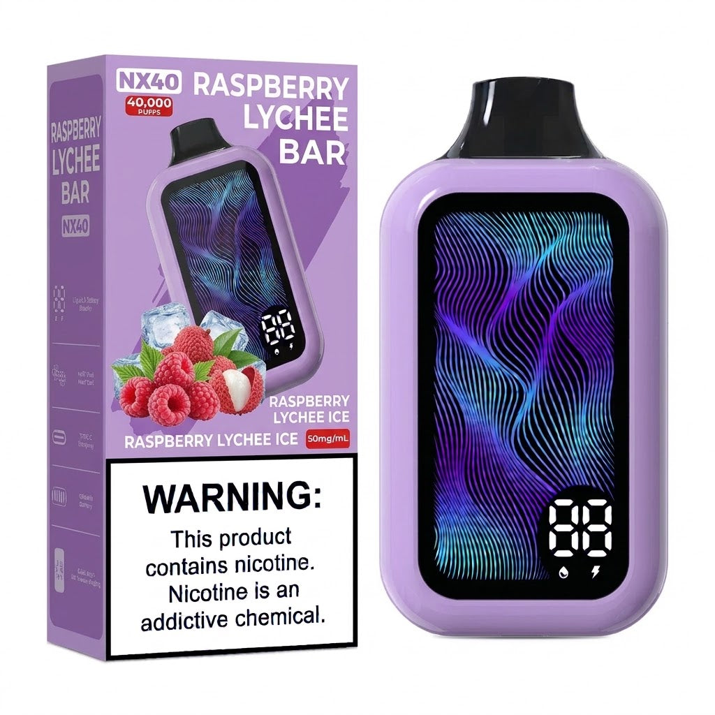 Nox Bar 40,000 Puff vape device by Flavour World SA with raspberry and lychee flavor, shown with colorful packaging.
