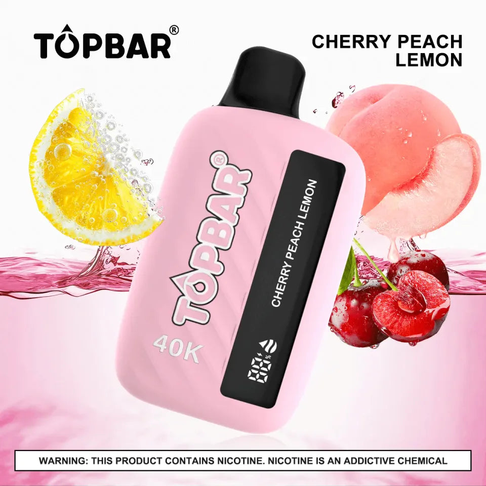 TOPBAR TOPBAR 40K Cherry Peach Lemon 5% flavored vape product with cherry, peach, and lemon flavors in a sleek container