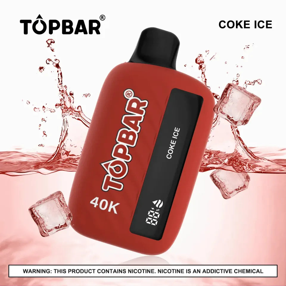 A bottle of TOPBAR 40K Cola Ice 5% with a label featuring blue and white branding, set against a plain background.