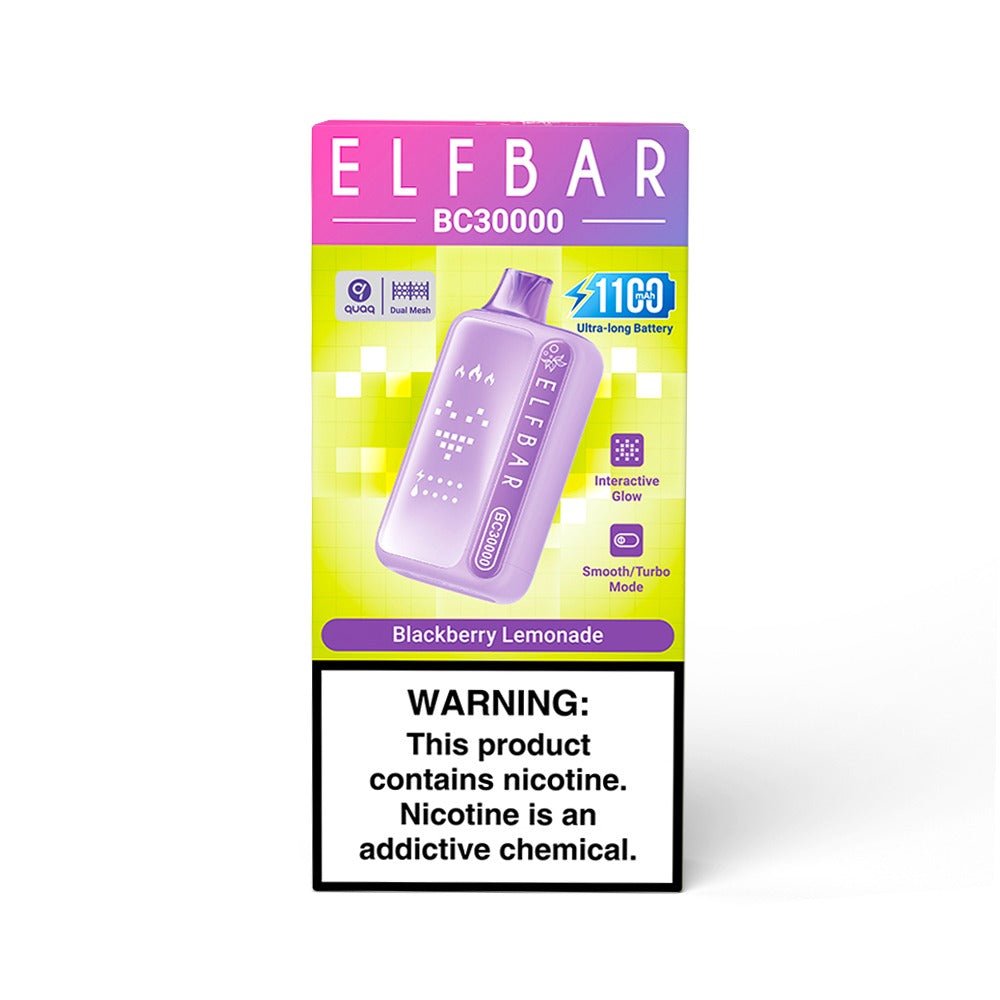 Elf Bar BC30000 disposable vape with Blackberry Lemonade flavor, featuring a sleek design and colorful branding.