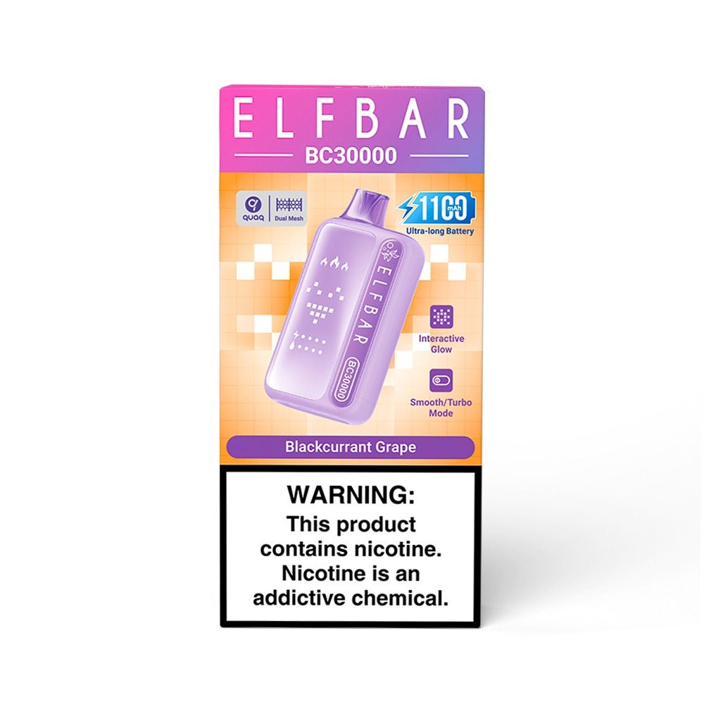 Elf Bar BC30000 vape device in blackcurrant grape flavor with 5% nicotine, showing the sleek black and purple design.
