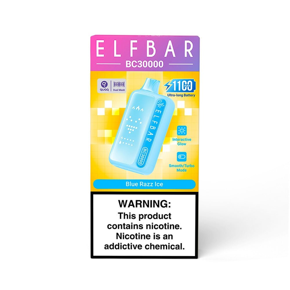 Elf Bar BC30000 Blue Razz 5% disposable vape with blue and purple design, featuring the compact, sleek shape of the Elfbar brand.