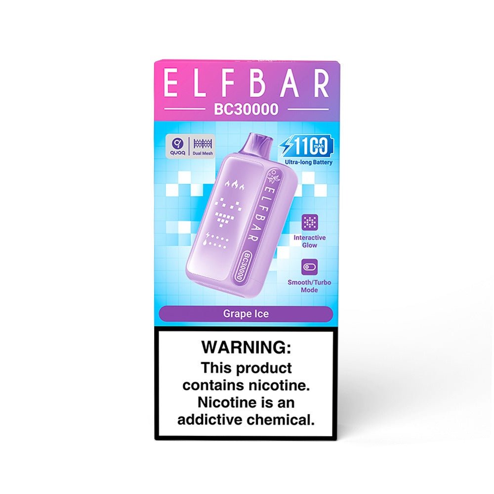 Elf Bar BC30000 Grape Ice 5% vape device with purple and icy design, showcasing its compact and portable shape.