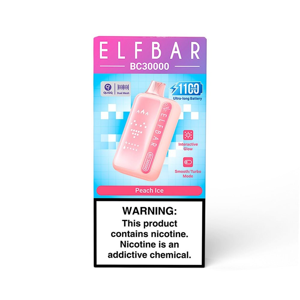 Elf Bar BC30000 Peach Ice 5% disposable vape showing the sleek device with peach and icy flavor branding.