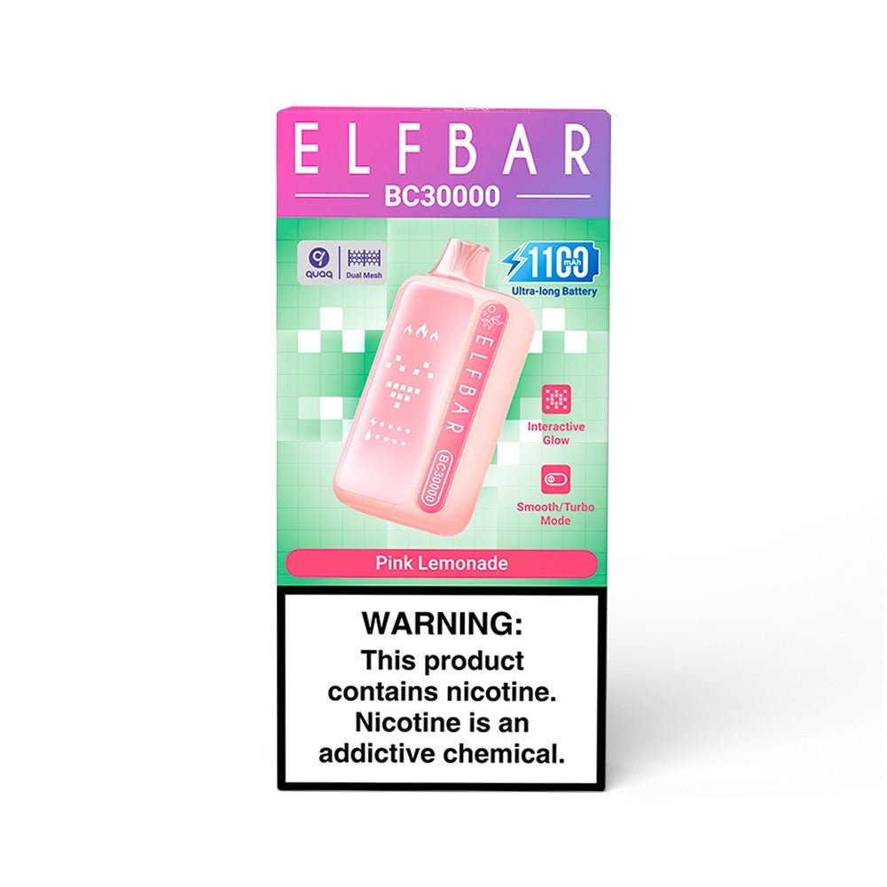Elf Bar BC30000 Pink Lemonade disposable vape with pink and yellow design, showcasing the sleek device with flavor details.