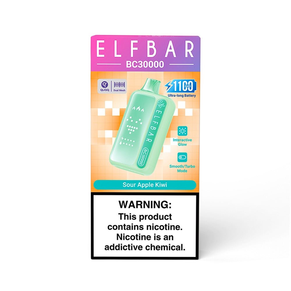 Elf Bar BC30000 sour apple kiwi flavored vape device with colorful packaging and branding.