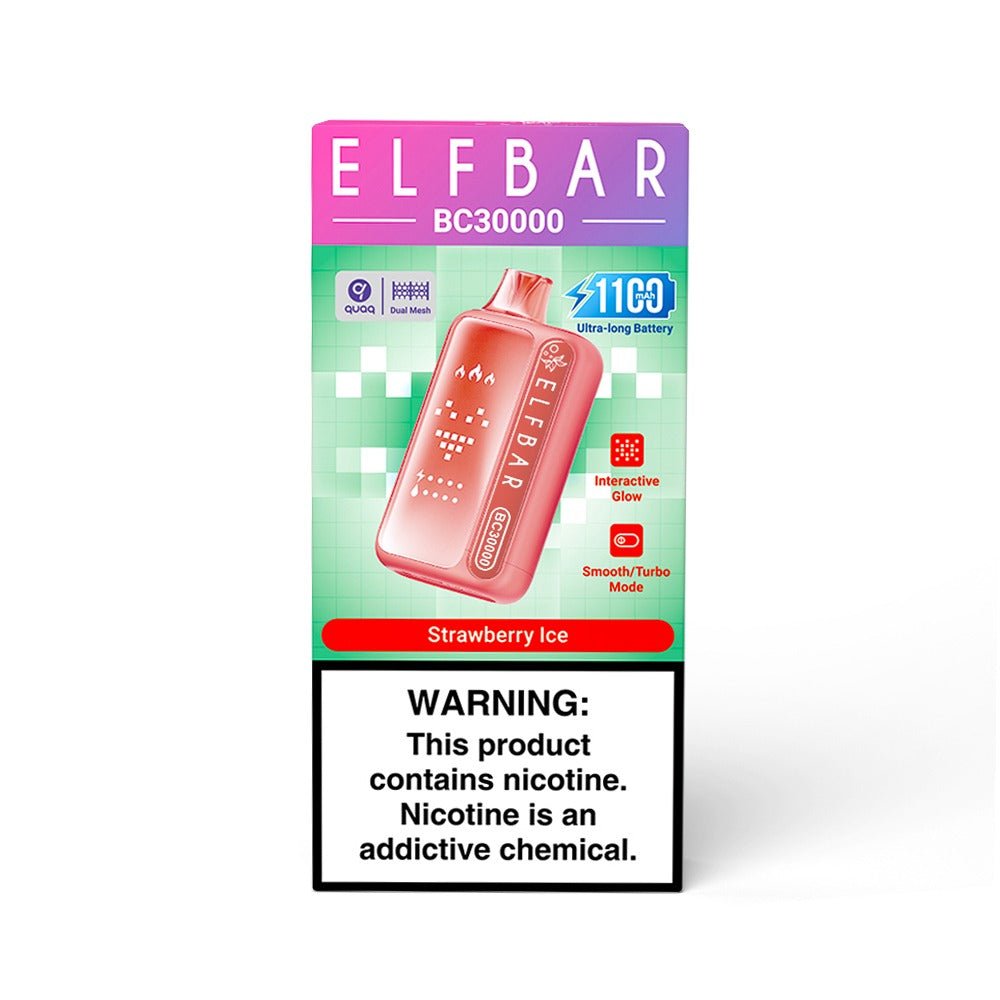 Elf Bar BC30000 Strawberry Ice 5% disposable vape with a sleek design and strawberry ice flavor in a close-up image.