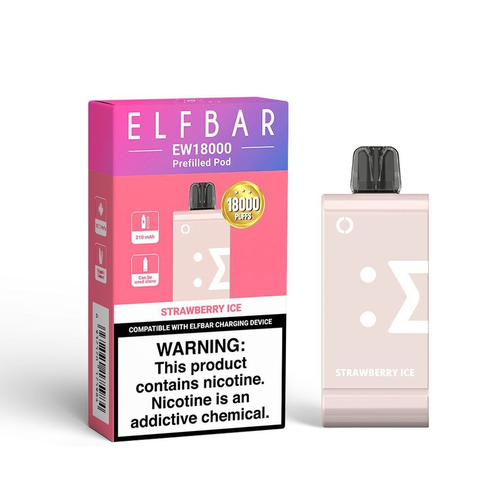 Elf Bar EW 18000 Strawberry Ice 5% pod showing the sleek, compact vape device with strawberry and ice flavor branding.